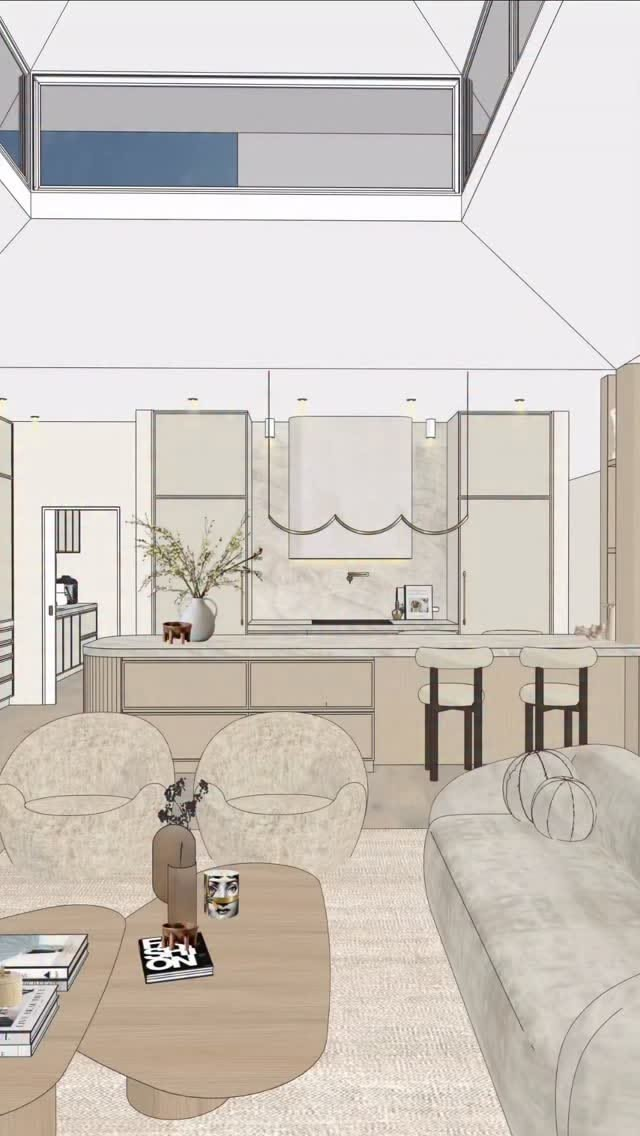 Sala integrada apresentada em modelo BIM e renderização